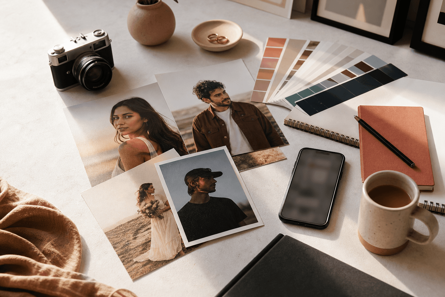 Printed portraits, camera gear, and creative planning materials on a desk